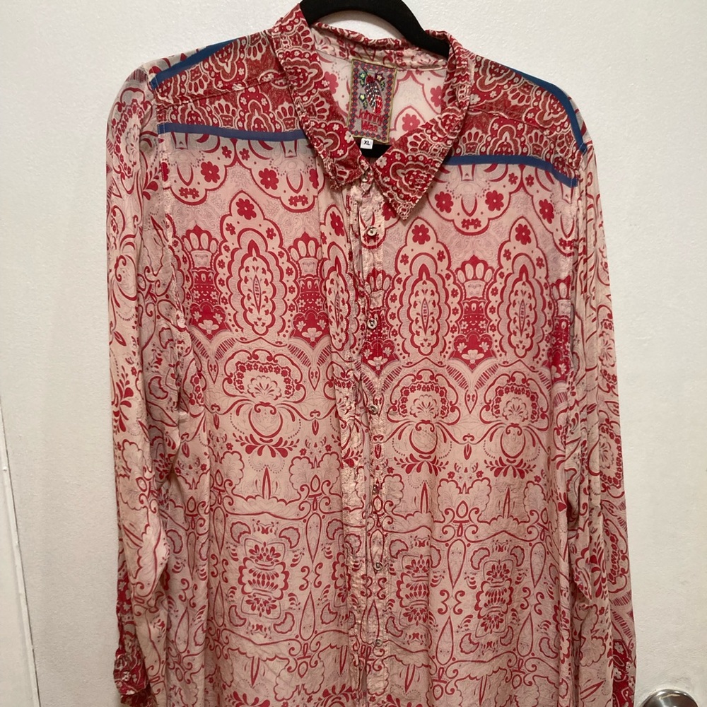 Johnny Was XL long sleeved, sheer button down shirt.